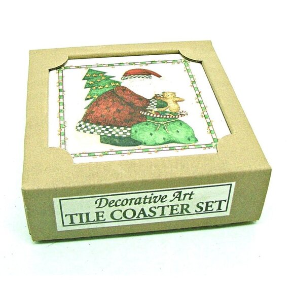 Decorative Art Tile Coaster Set 4 Santa Delivering Gift Holiday Christmas Decor - Picture 1 of 7